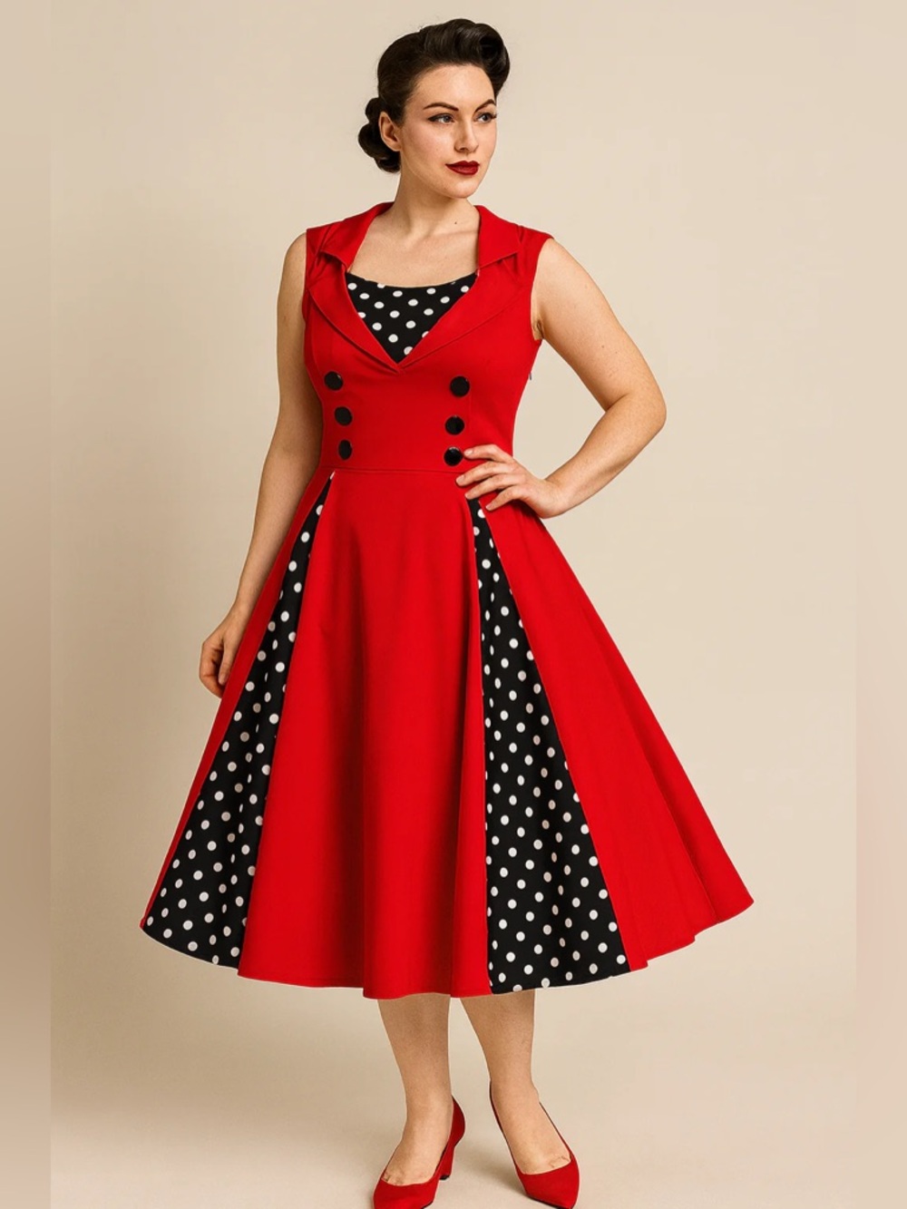 Rockabilly Swing Dress in Red, with Peekaboo Black and White Polka Dot Inserts